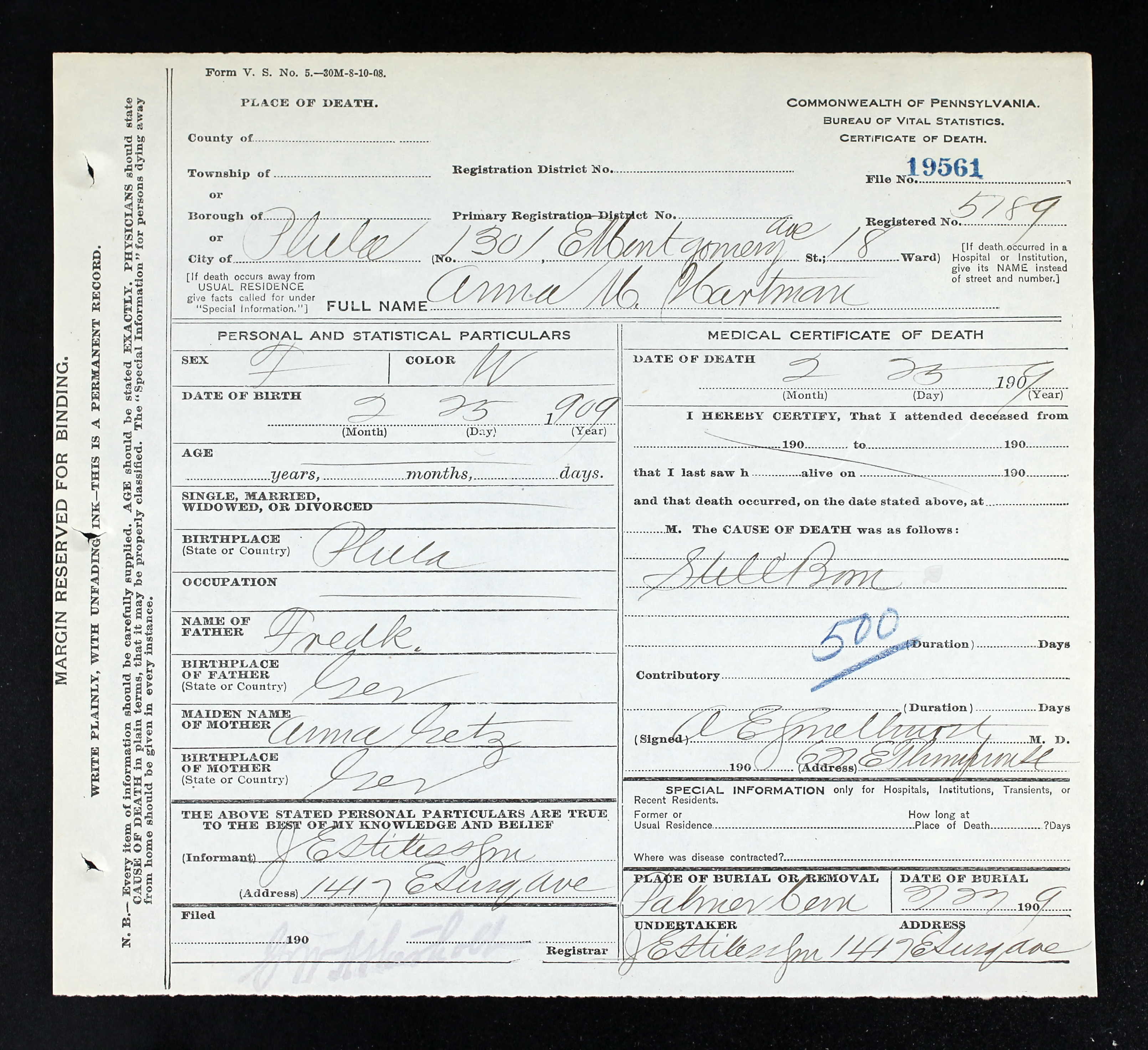 Death Certificate of Anna May Hartman